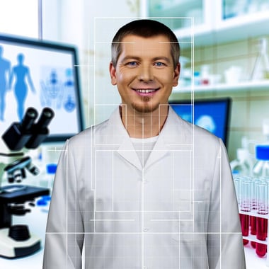 Visualiseer een afbeelding van een vriendelijke blanke laborant die een echte expert is in zijn vakgebied